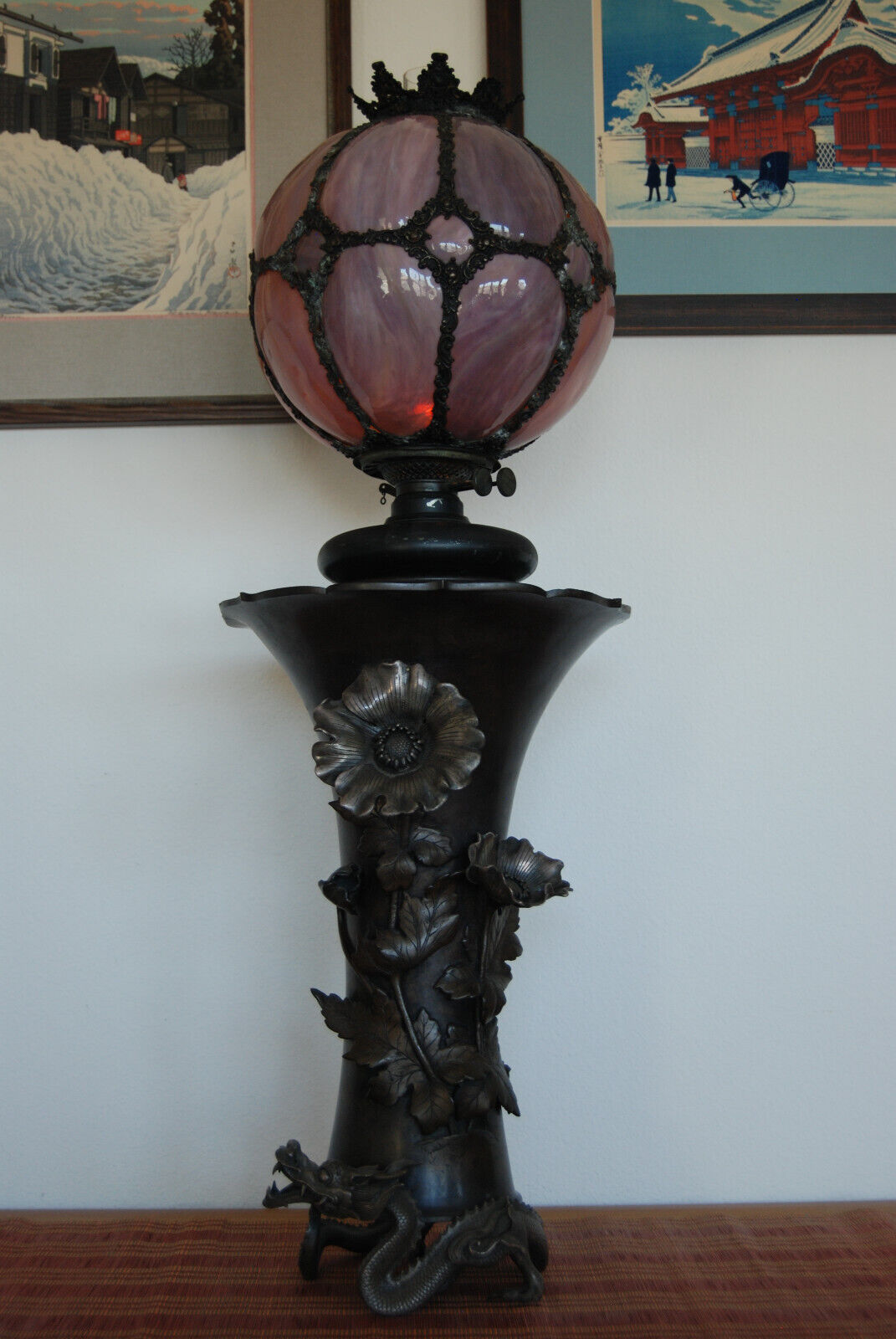 ANTIQUE ART NOUVEAU JAPANESE CNINESE MEIJI BRONZE SLAG GLAS SHADE KEROSENE LAMP