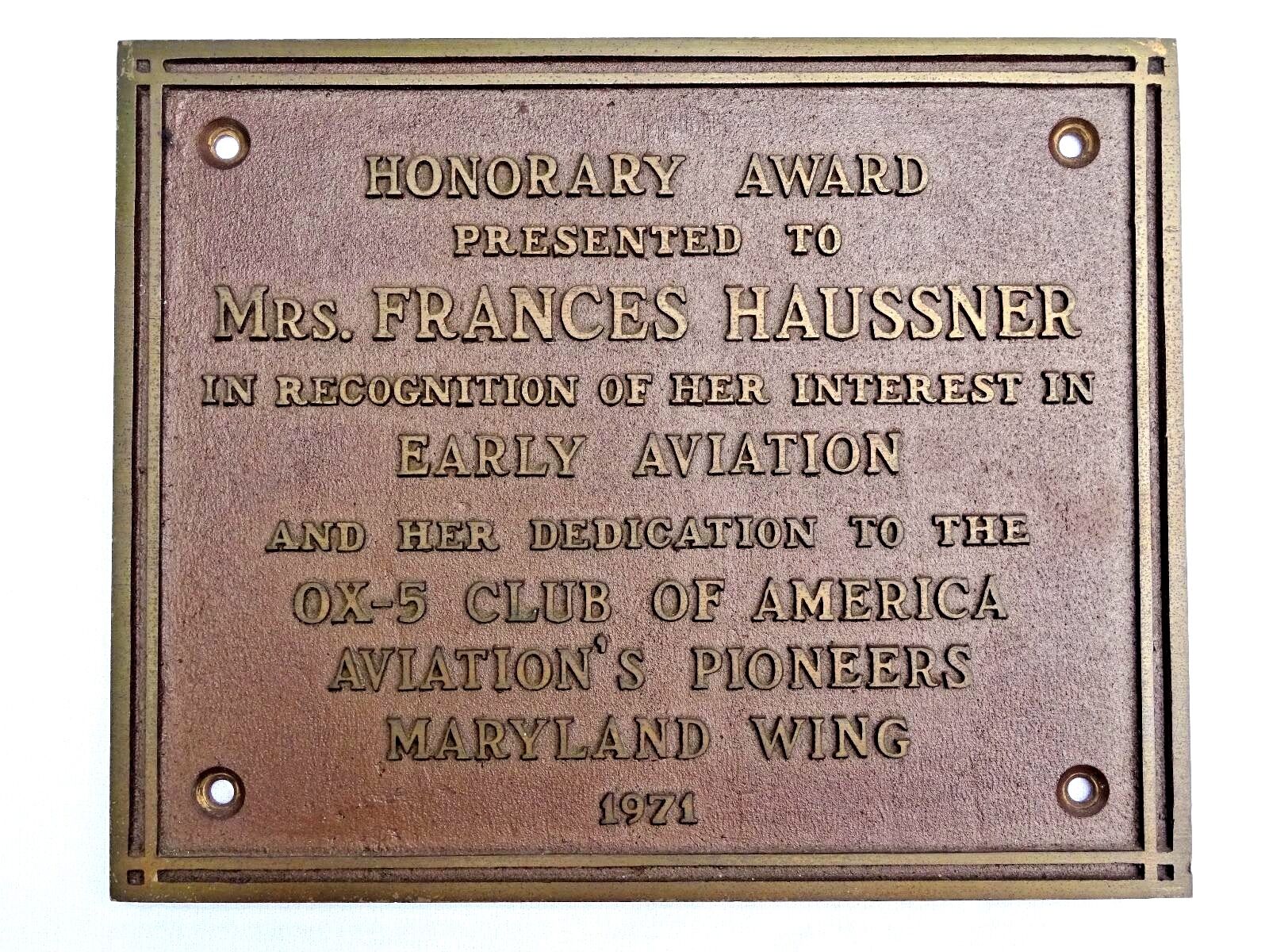 Important Historical Female Aviation Pioneer Frances Haussner BRASS PLAQUE Award