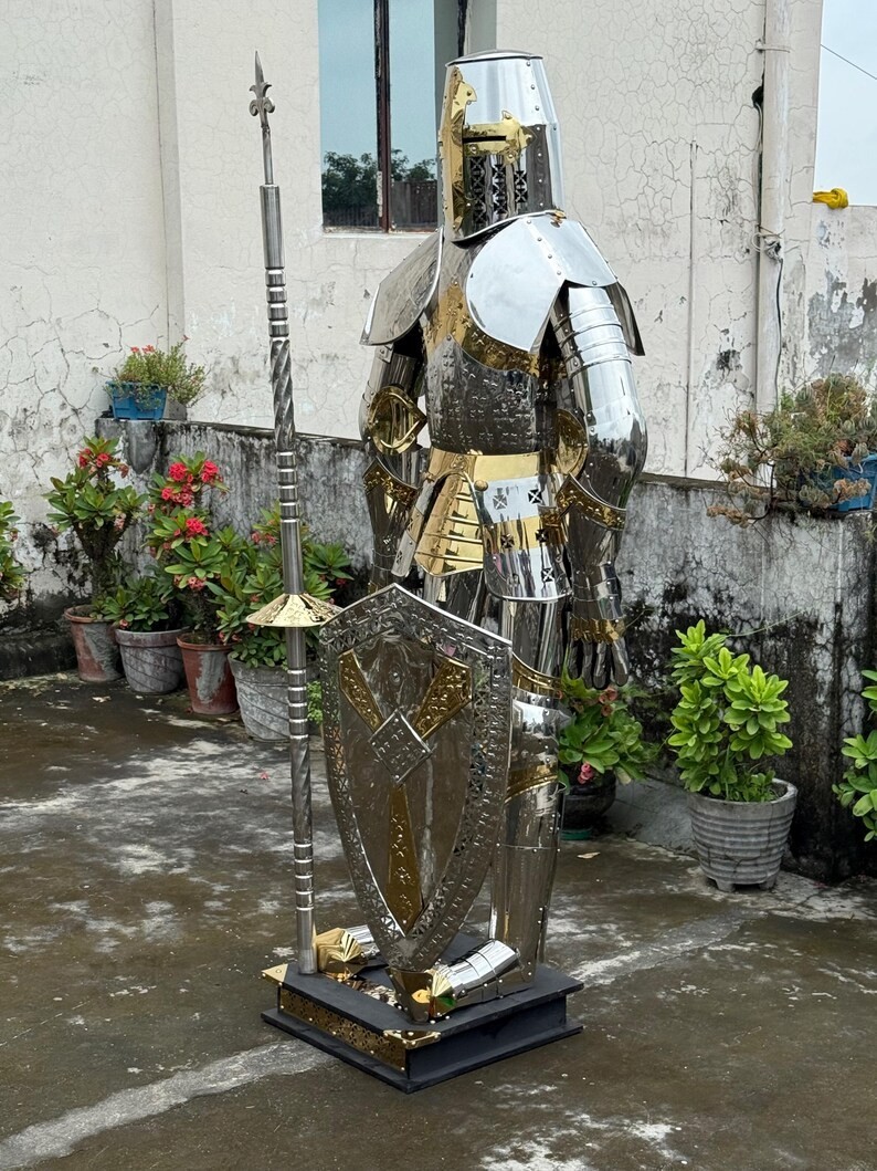 Full Body Medieval Crusader Knight Armor  Polished Stainless Steel Suit with Bas