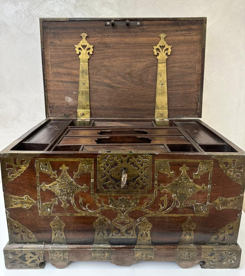Colonial Islamic Ottoman Cash Jewelry Box 1830s Rosewood & Ebony Brass Mounted Colonial Islamic Ottoman Cash Jewelry Box 1830s Rosewood & Ebony Brass Mounted