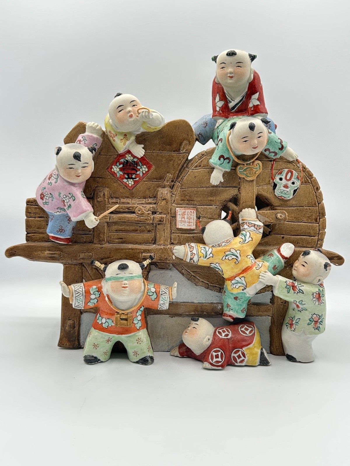 Vintage Chinese Shiwan Pottery Children at Play Figural Group Sculpture 10.25in Vintage Chinese Shiwan Pottery Children at Play Figural Group Sculpture 10.25in