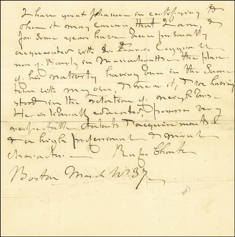 RUFUS CHOATE - AUTOGRAPH STATEMENT SIGNED 3/1837