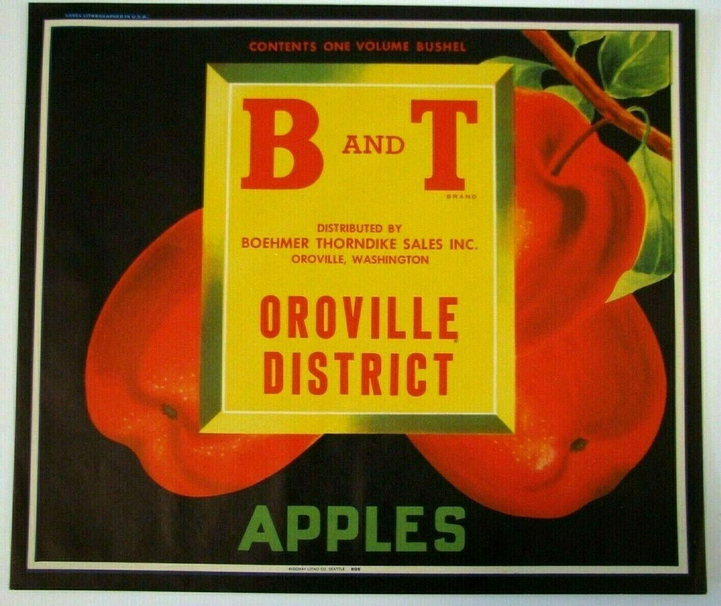 Original scrace B & T apple crate label Boehmer Thorndike Oroville, Wash stock Original scrace B & T apple crate label Boehmer Thorndike Oroville, Wash stock