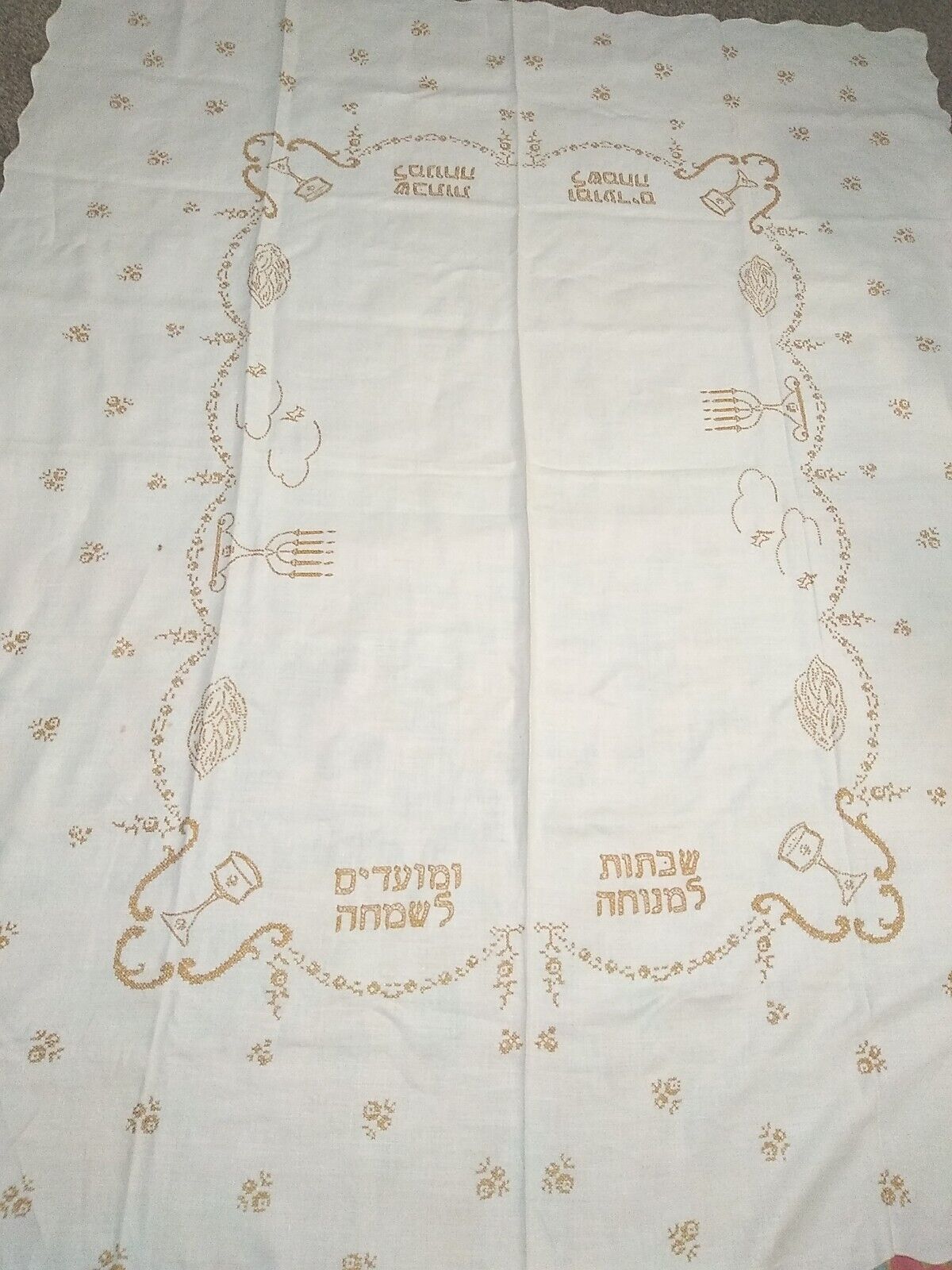 Antique LOVELY Jewish CROSS-STITCH HANUKKAH Tablecloth HandDone Scallop Hem 