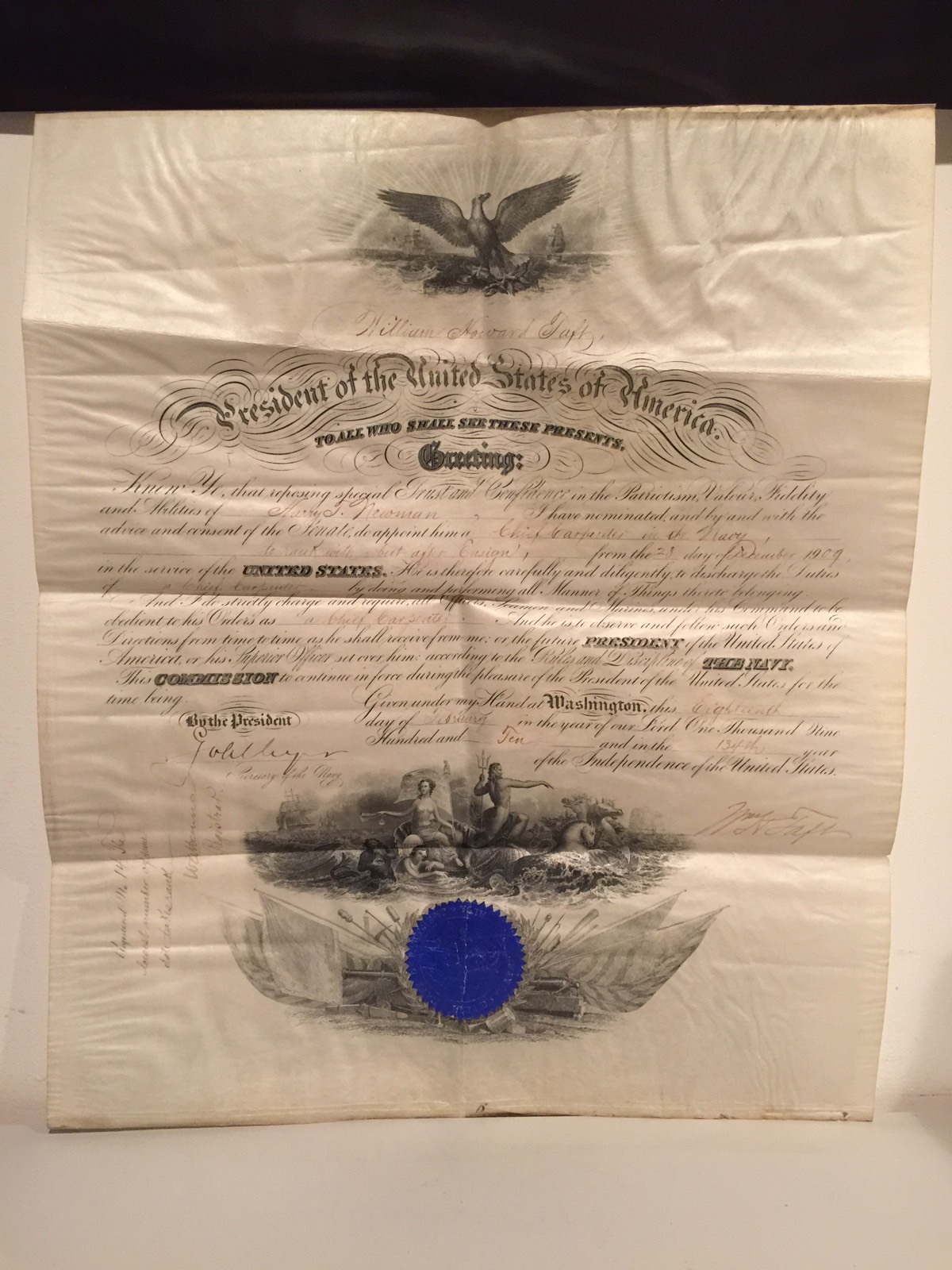 PRESIDENT WILLIAM H TAFT SIGNED US NAVAL APPOINTMENT DOCUMENT FEBRUARY 18, 1910 PRESIDENT WILLIAM H TAFT SIGNED US NAVAL APPOINTMENT DOCUMENT FEBRUARY 18, 1910