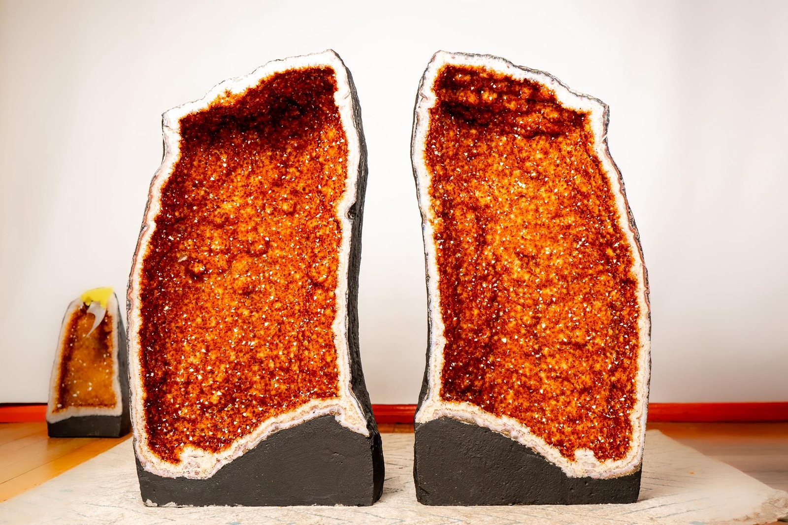 Pair of X-Large Madeira Citrine Cathedral Geodes, Bookmatched AAA-Grade Geodes