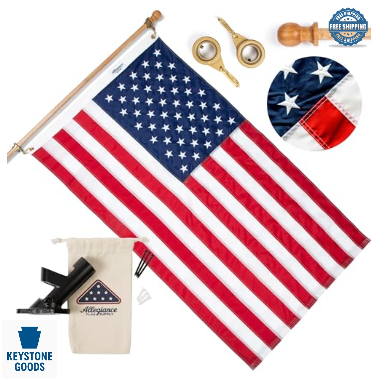 American Flag Set 3x5 Ft 200D Nylon Embroidered Stars Sewn Stripes Flagpole American Flag Set 3x5 Ft 200D Nylon Embroidered Stars Sewn Stripes Flagpole