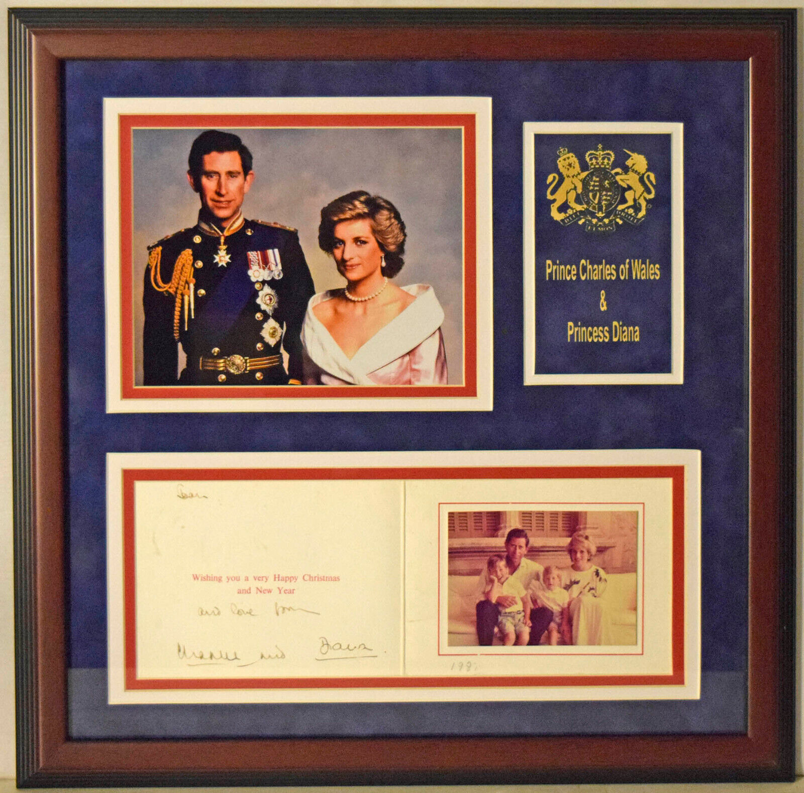 Princess Diana & King Charles Signed Framed 1987 Christmas Card Display JSA LOA