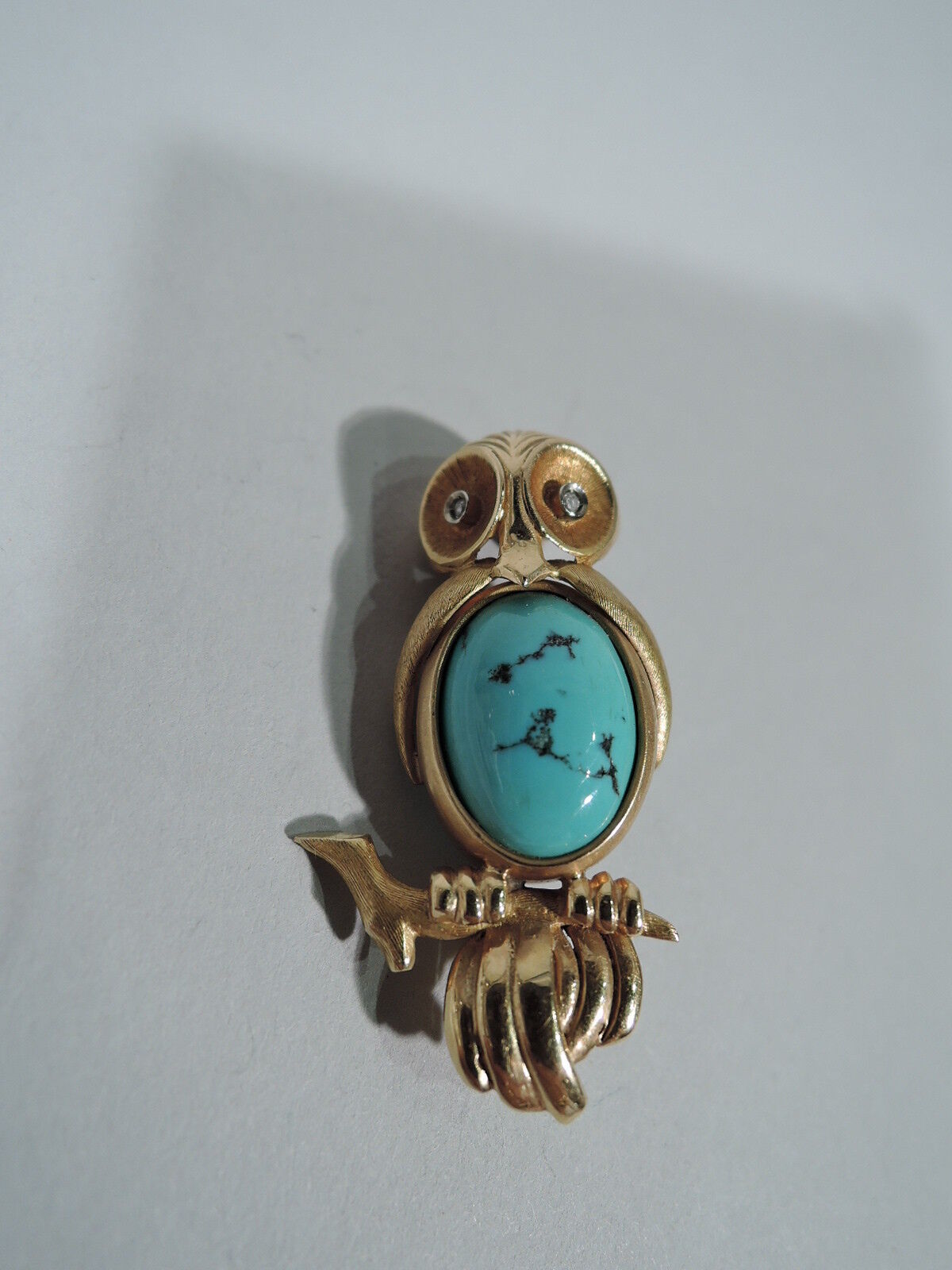 Antique Brooch - Art Deco Modern Wise Owl Pin - American 18K Gold & Turquoise