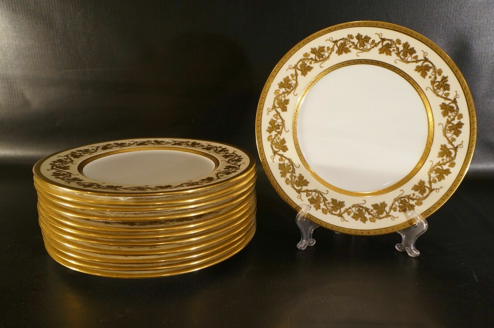 English Coalport Dinner Plates With Gold Grape Stems  Set Of 12