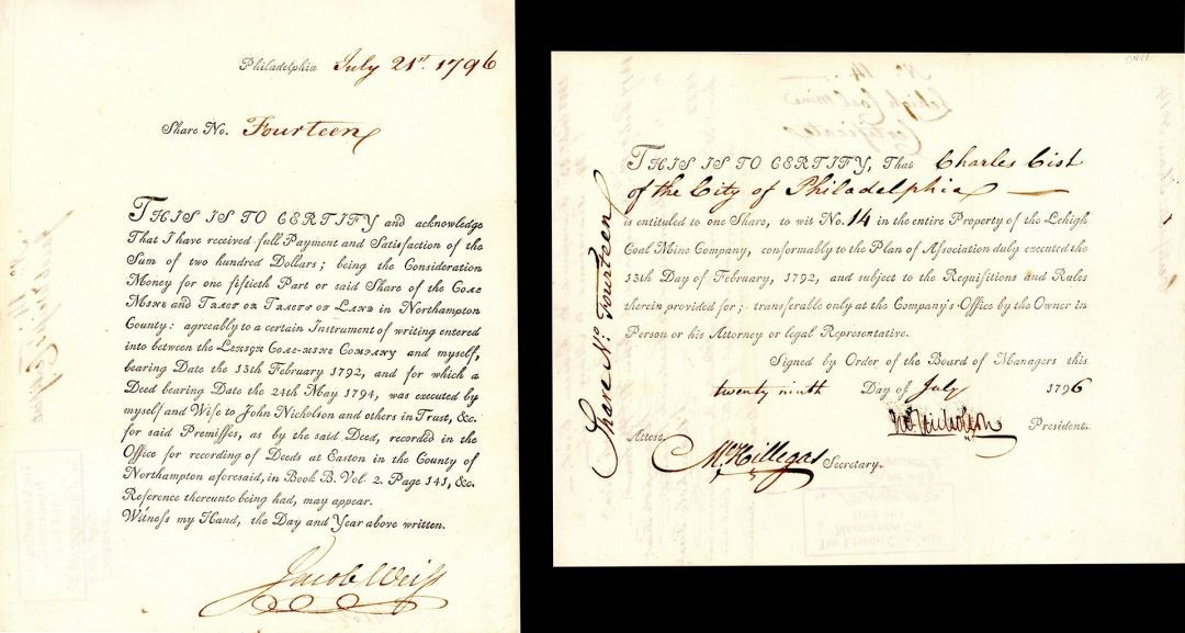 John Nicholson, Jacob Weiss and Michael Hillegas signed Early Share Certificat John Nicholson, Jacob Weiss and Michael Hillegas signed Early Share Certificat