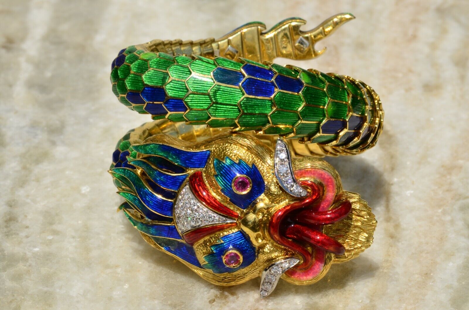 Incredible Flexible Dragon Bracelet set with Rubies, Diamonds and Finished with 