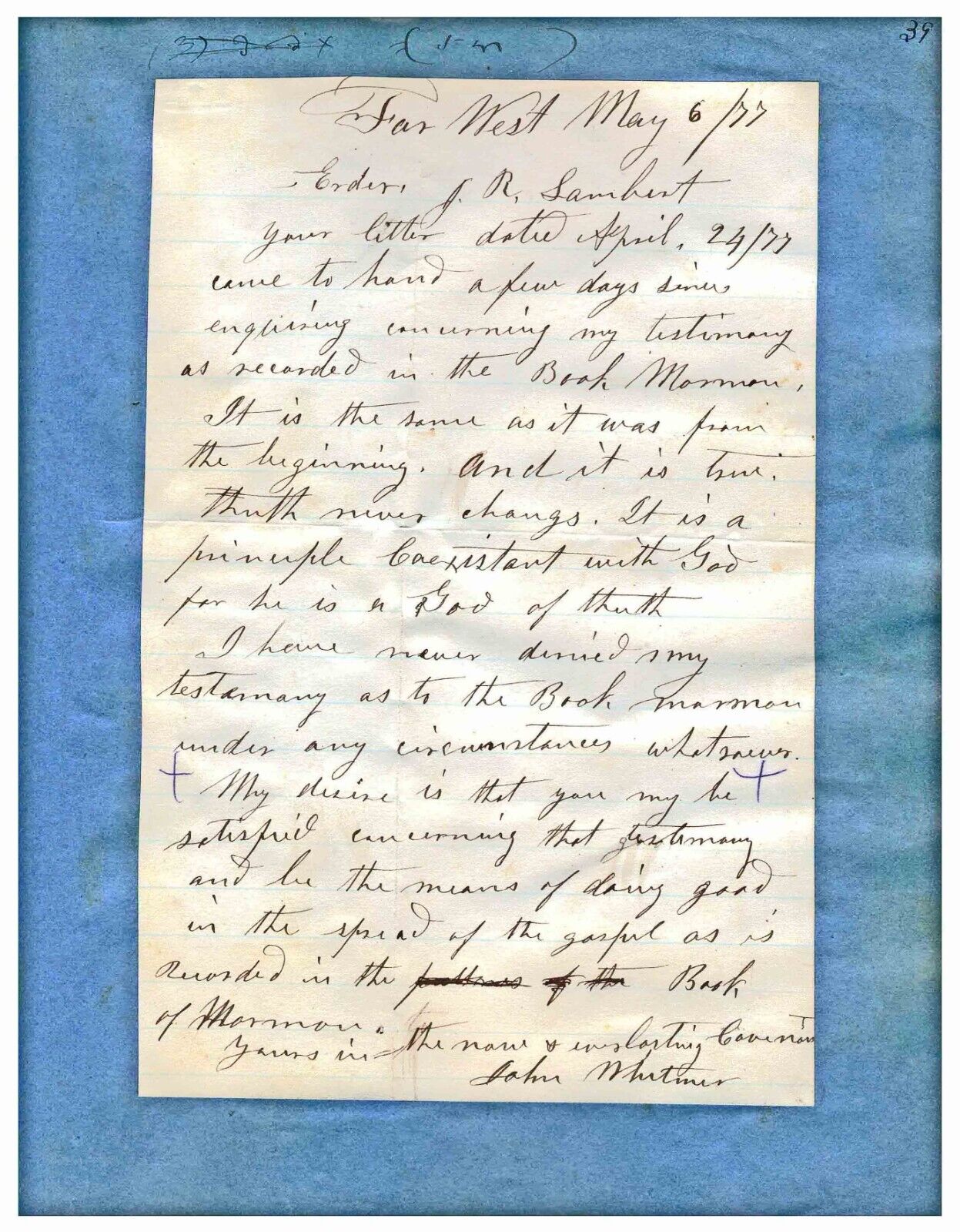 Orig JOHN WHITMER 6 MAY 1877 BOOK OF MORMON TESTIMONY / Joseph R Lambert Journal