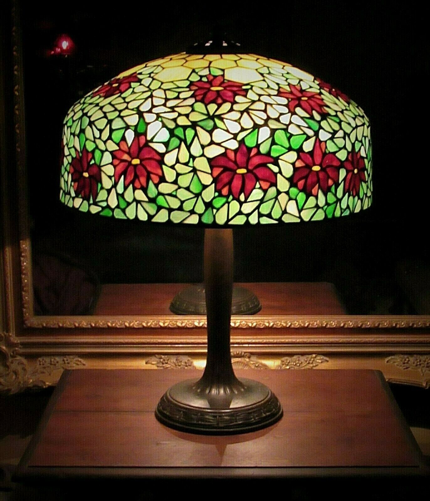 Antique HANDEL Poinsettia Leaded Glass Table Lamp Duffner Tiffany Era DBL Signed