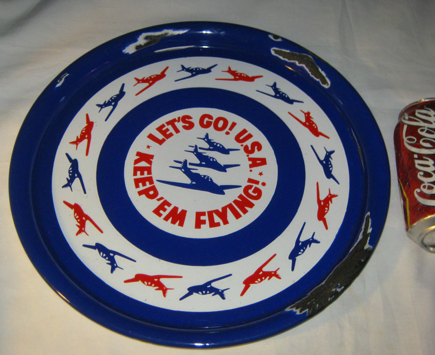 ANTIQUE PATRIOTIC U.S.A. WW II PORCELAIN NAVY FLYER PILOT AIRPLANE WAR TIME TRAY
