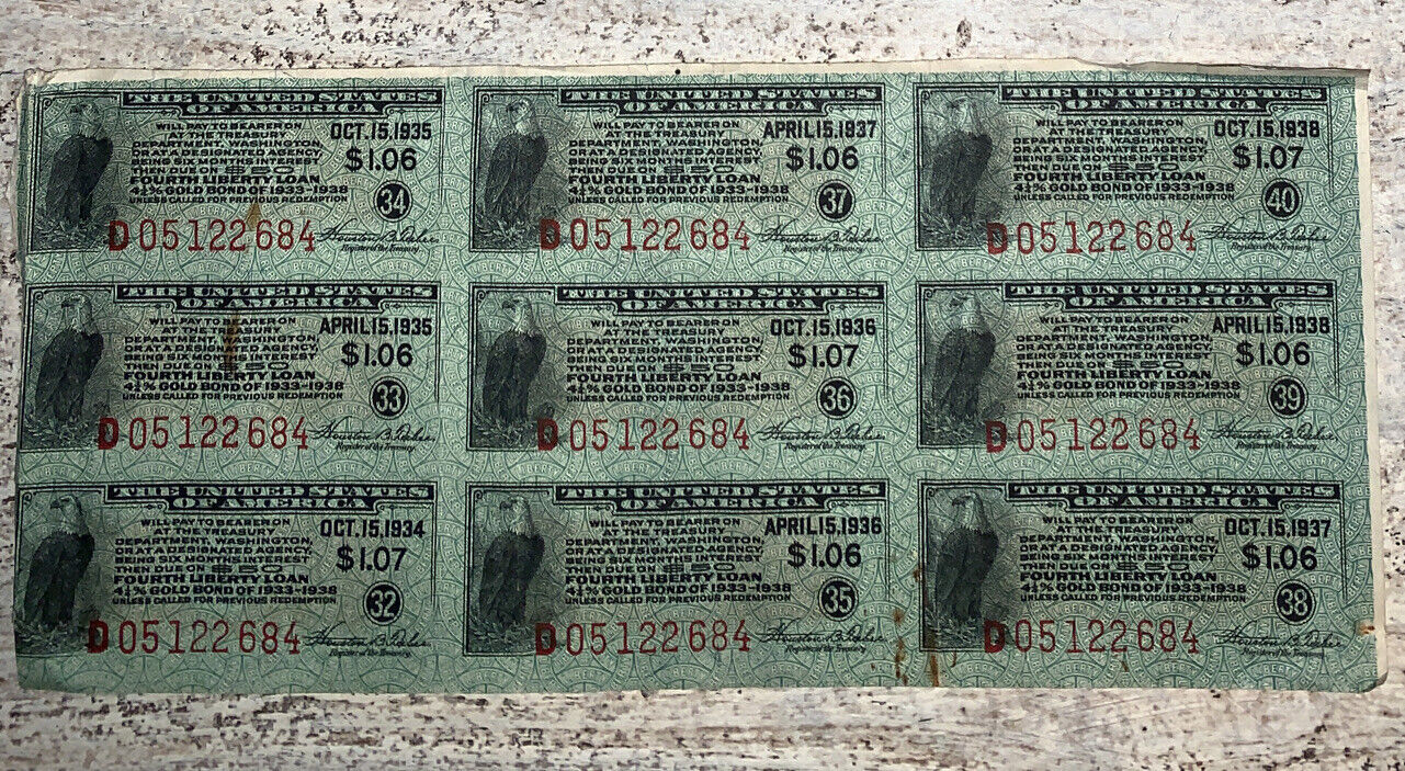 50 Dollar Fourth Liberty Loan Gold Bond of 1933-1938 Coupon Stubs