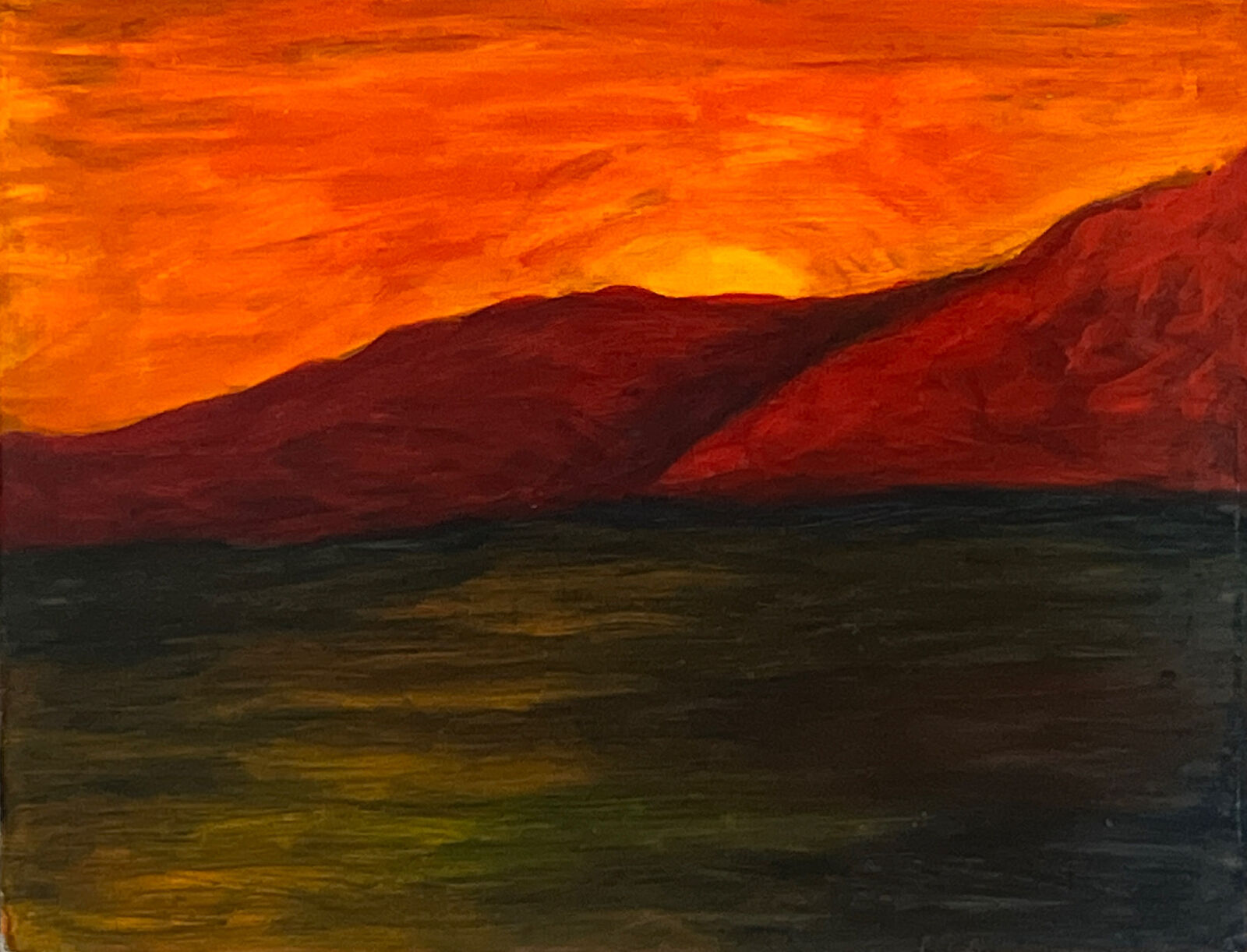 Art  Painting Original Acrylic  “ Golden Red  Sundown” Color  Play On Light