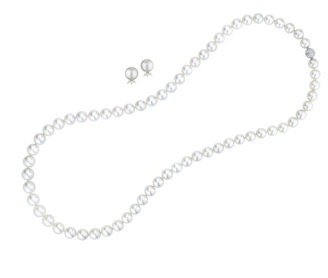 18K White Gold Natural Pearl Single Line Necklace & Earrings Evening Wear Jewel