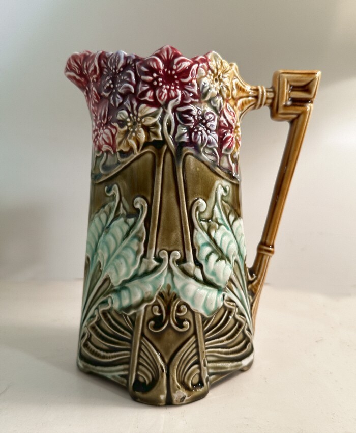 Antique French Art Nouveau majolica ewer or pitcher c1890 made by Frie Onnaing