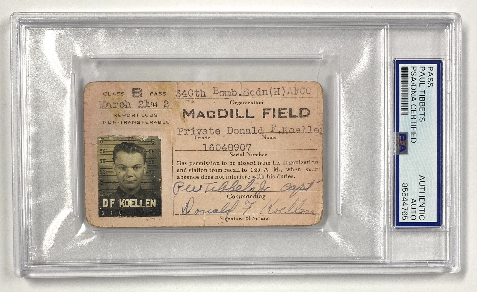 Paul W. Tibbets Jr. Signed 1942 MacDill Field ID Pass WWII - PSA Paul W. Tibbets Jr. Signed 1942 MacDill Field ID Pass WWII - PSA