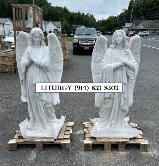+ Pair of White Marble Adoring Angel Church Statues, 48 + Pair of White Marble Adoring Angel Church Statues, 48