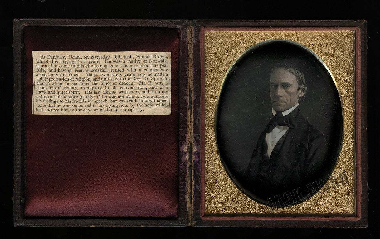 1/4 1840s Daguerreotype Photo + Obituary - Reverend Samuel Brown of Connecticut