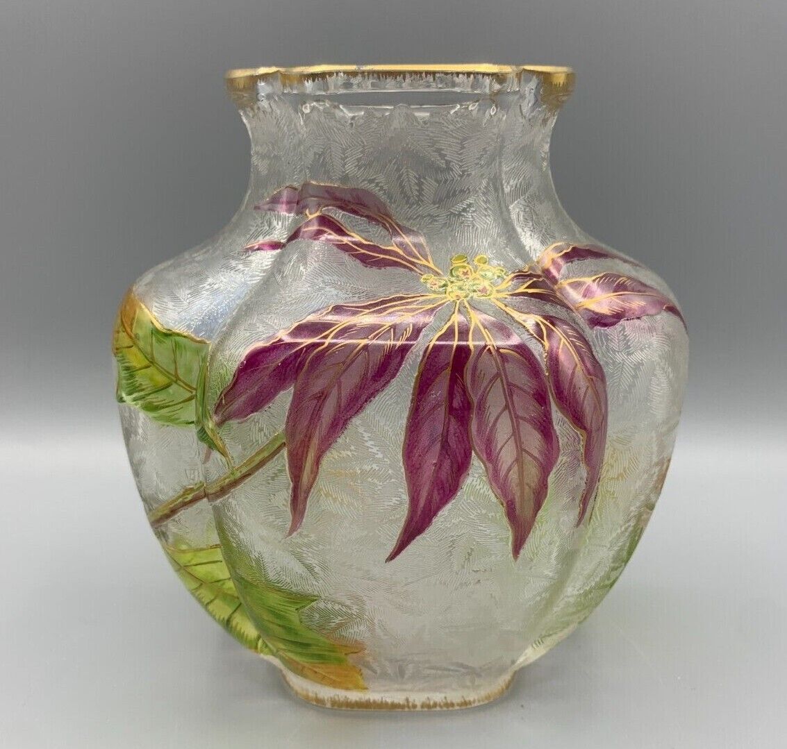 BACCARAT CRYSTAL GLASS VASE CAMEO LOBED ENAMELED POINSETTIA FRENCH ART NOUVEAU