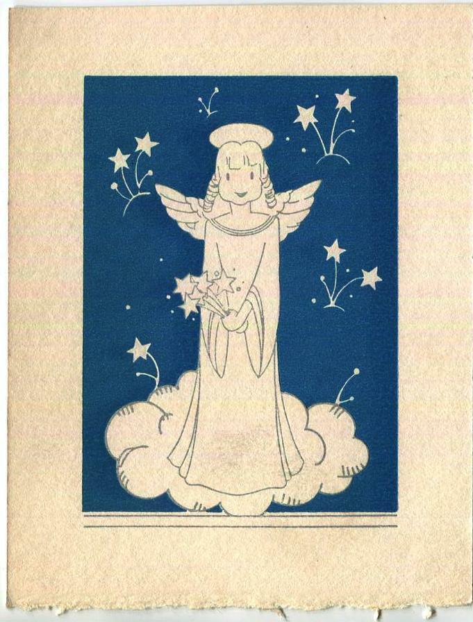 VINTAGE 1930\'s ART DECO SILVER ANGEL WOODBLOCK BLUE COLOR PICTURE SMALL PRINT