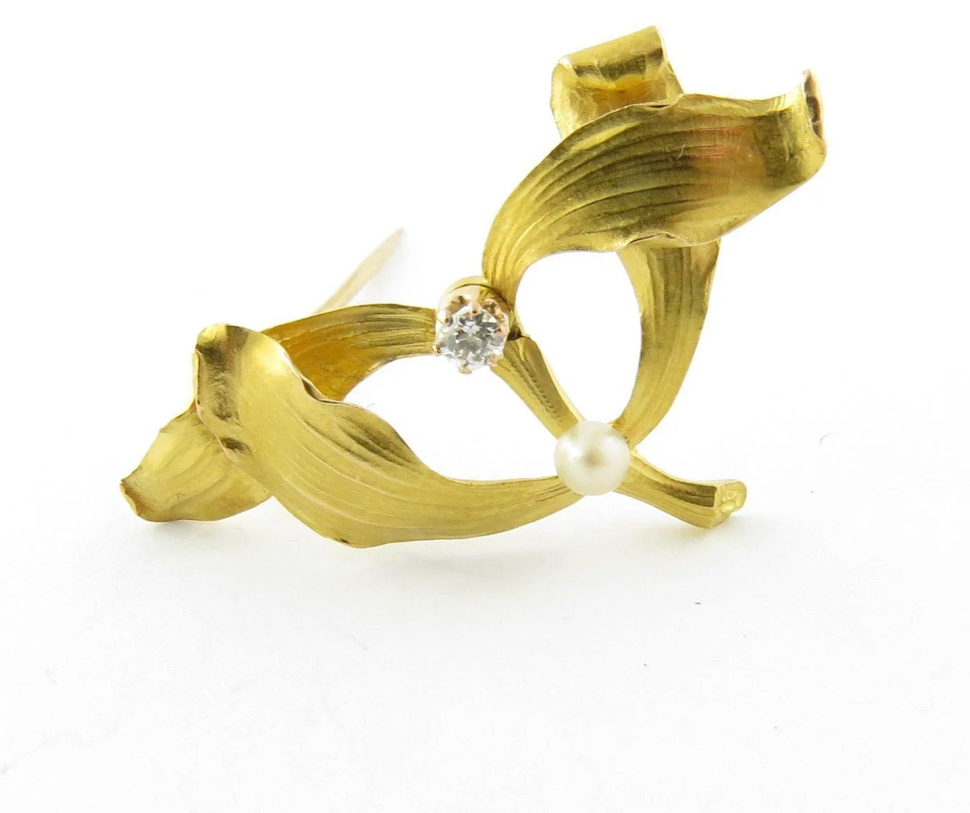 Fabulous Art Nouveau 18K Gold Diamond Pearl Love Christmas Mistletoe Pin Brooch