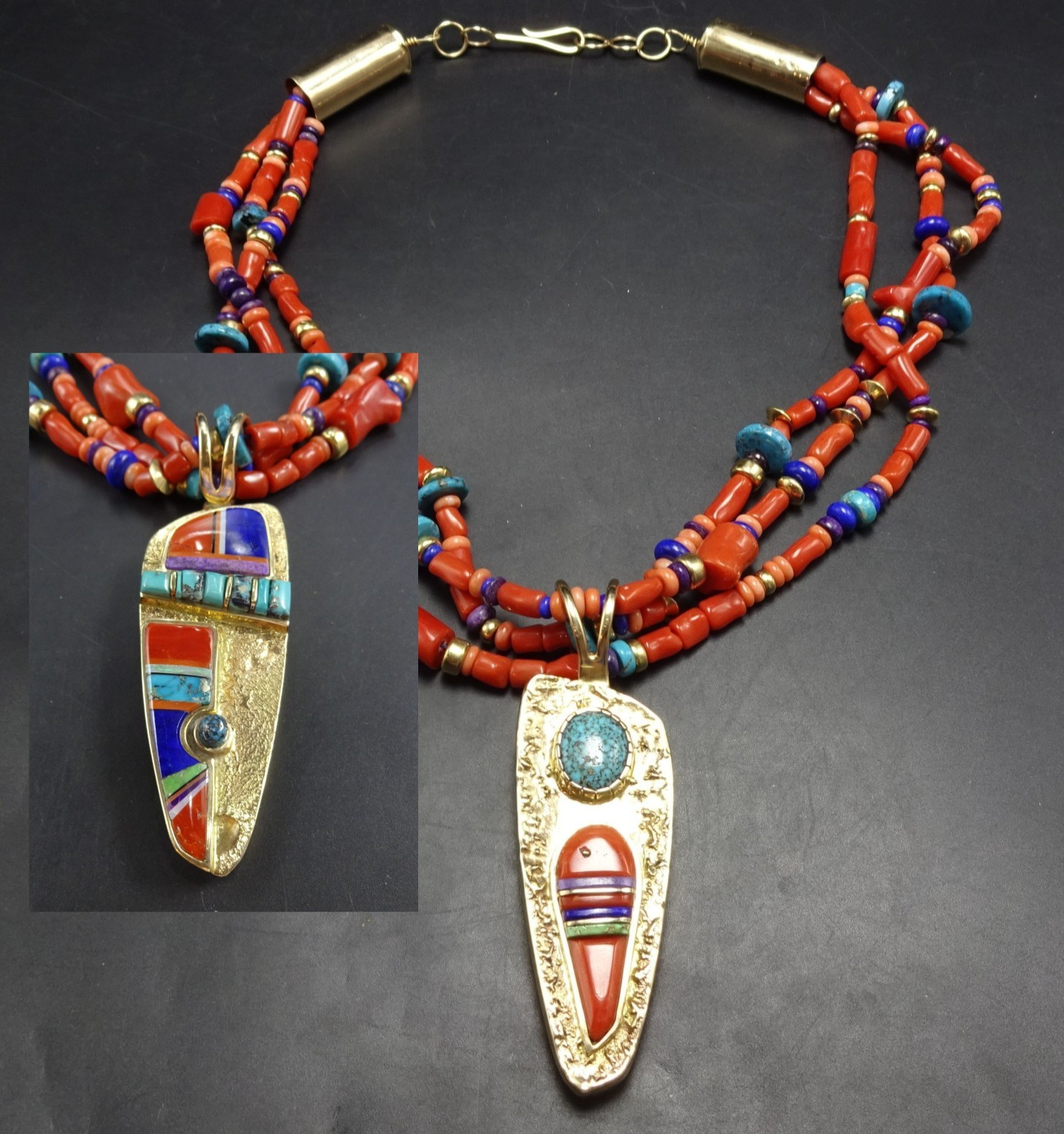 Rare WES WILLIE 3-Strand Coral NECKLACE with 14K GOLD Reversible INLAID Pendant Rare WES WILLIE 3-Strand Coral NECKLACE with 14K GOLD Reversible INLAID Pendant
