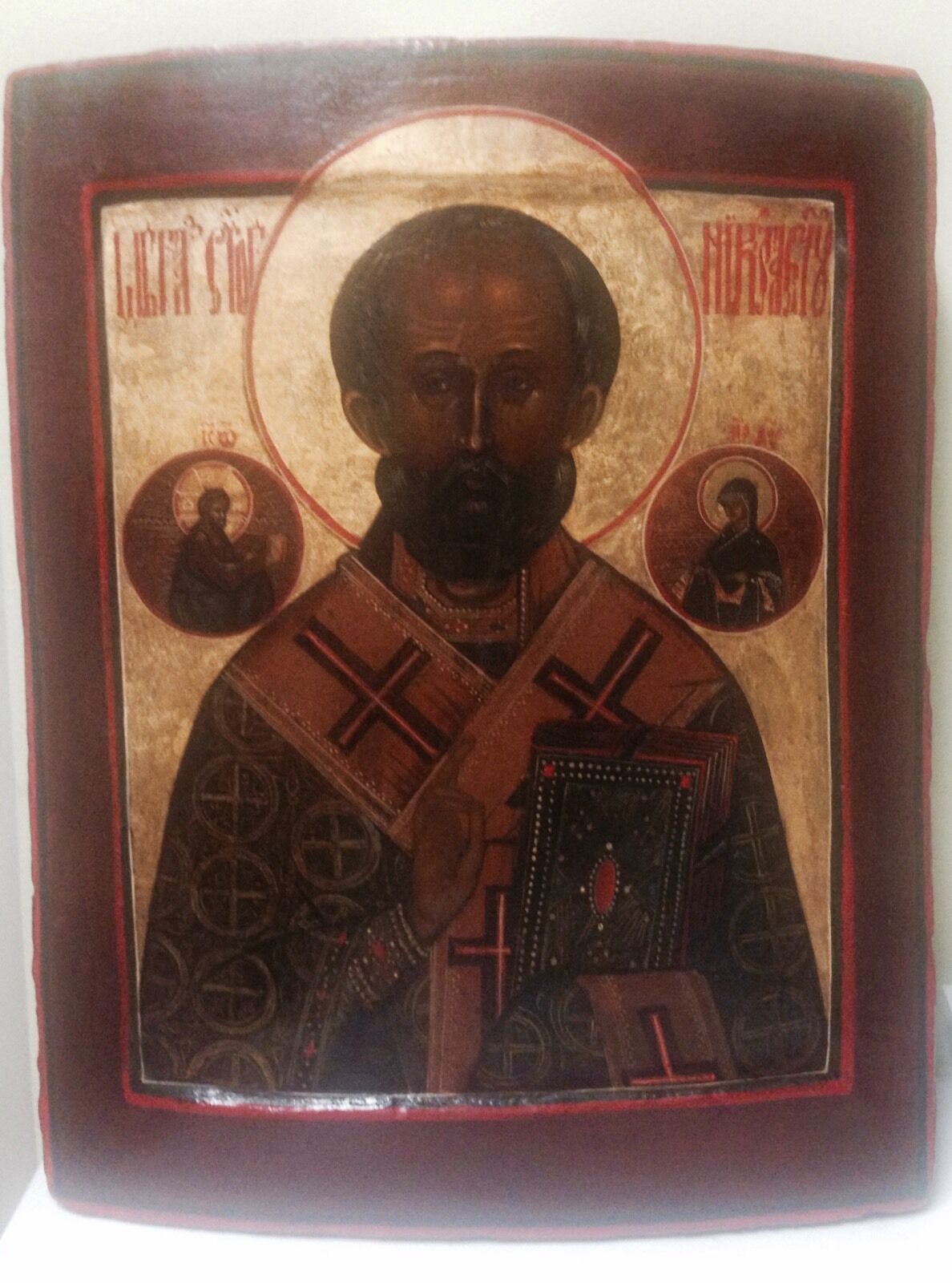 St Nicholas Old russian icon of 16th C on wood Tempera Gesso Golden Silver robe