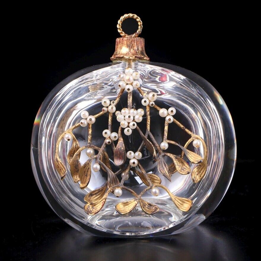 Steuben Glass Christmas Mistletoe Ornament - Gold - Pearls - Signed - VG Cond