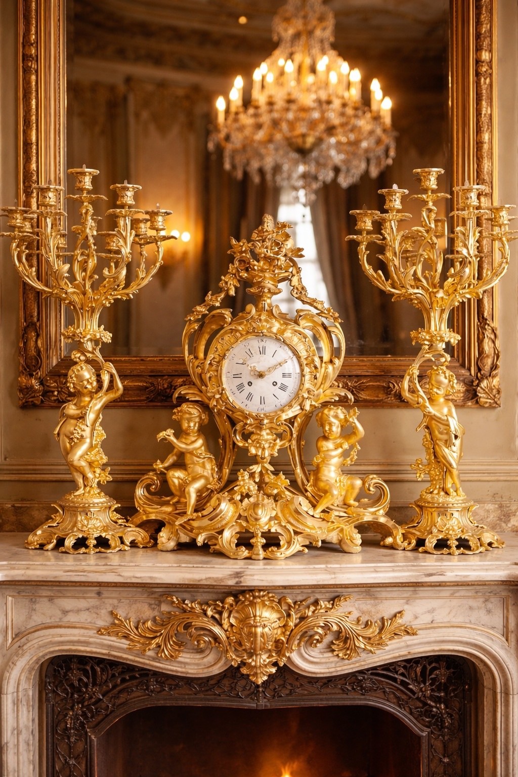 Clock Set 1840s French Louis XV Ormolu Bronze Cherub Candelabras Antique 3Pcs Clock Set 1840s French Louis XV Ormolu Bronze Cherub Candelabras Antique 3Pcs