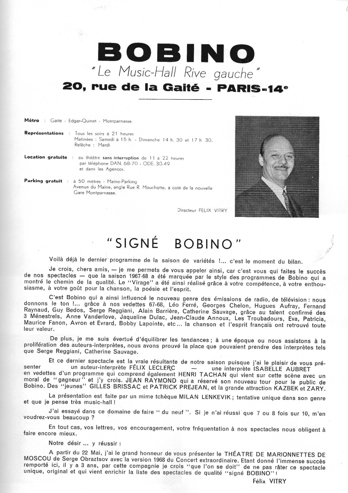 ISABELLE AUBRET ORIGINAL BOBINO PROGRAM SIGNED BY THE ARTIST - 05/1968 ISABELLE AUBRET ORIGINAL BOBINO PROGRAM SIGNED BY THE ARTIST - 05/1968
