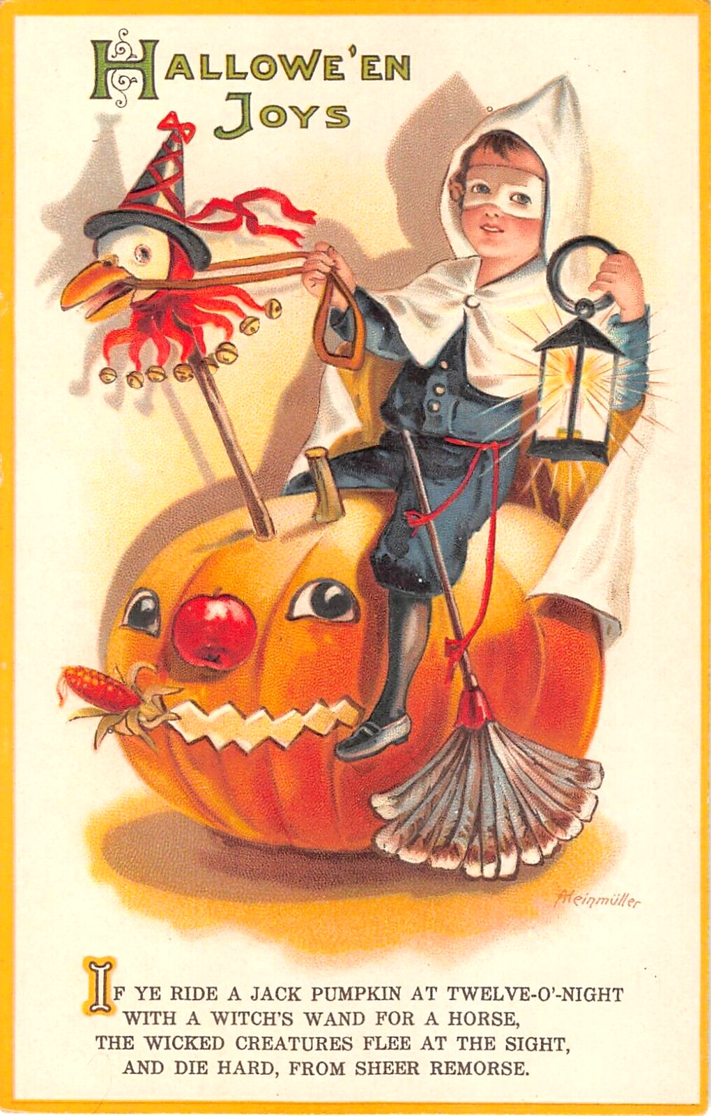 c.1910 sgd. A. Heinmuller Boy Sitting on Jack O' Lantern Halloween postcard