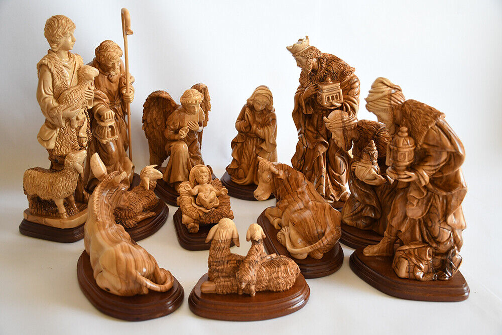 Handmade Holy Land Olive Wood Figurine Carving Set Nativity Master Pieces Christ