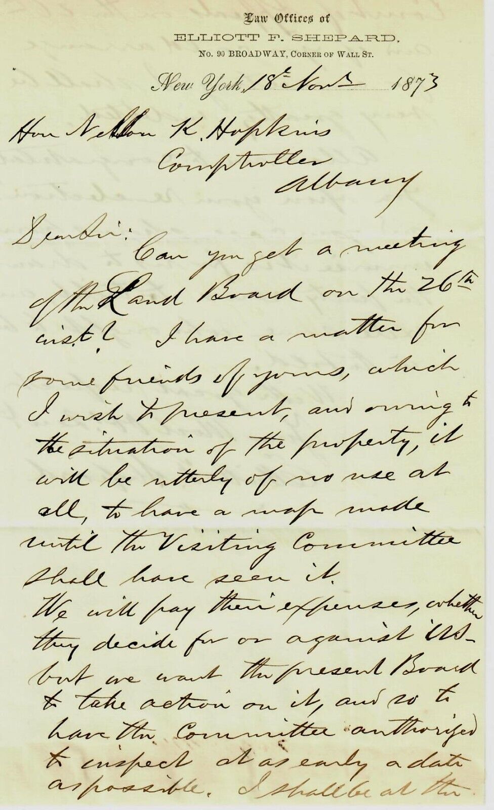 “NYS Bar Association” Elliott Fitch Shepard Hand Written 2 Pg Letter Dated 1873