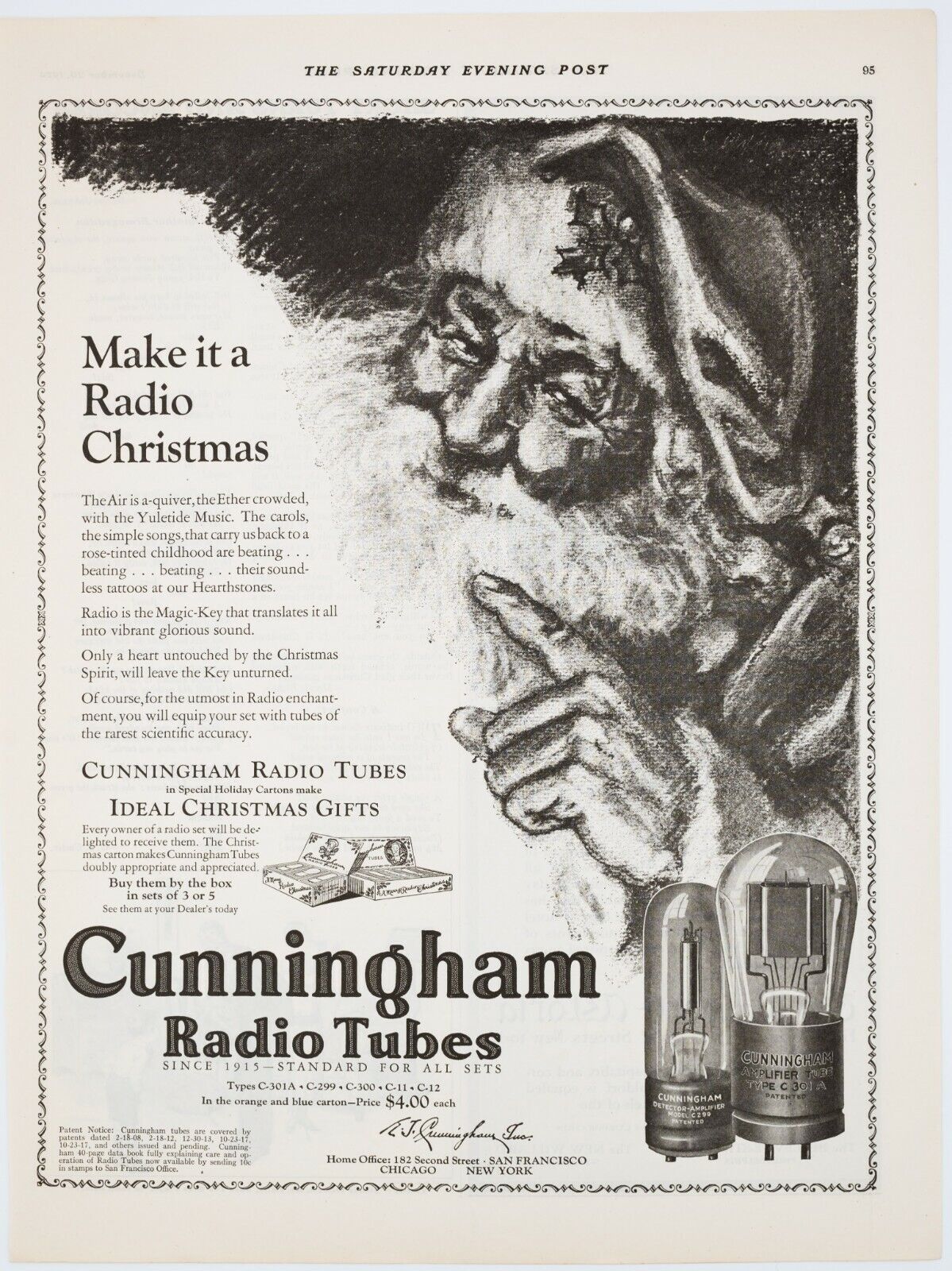 Cunningham Radio Tube ad Saturday Evening Post 1950 Santa Vintage Christmas