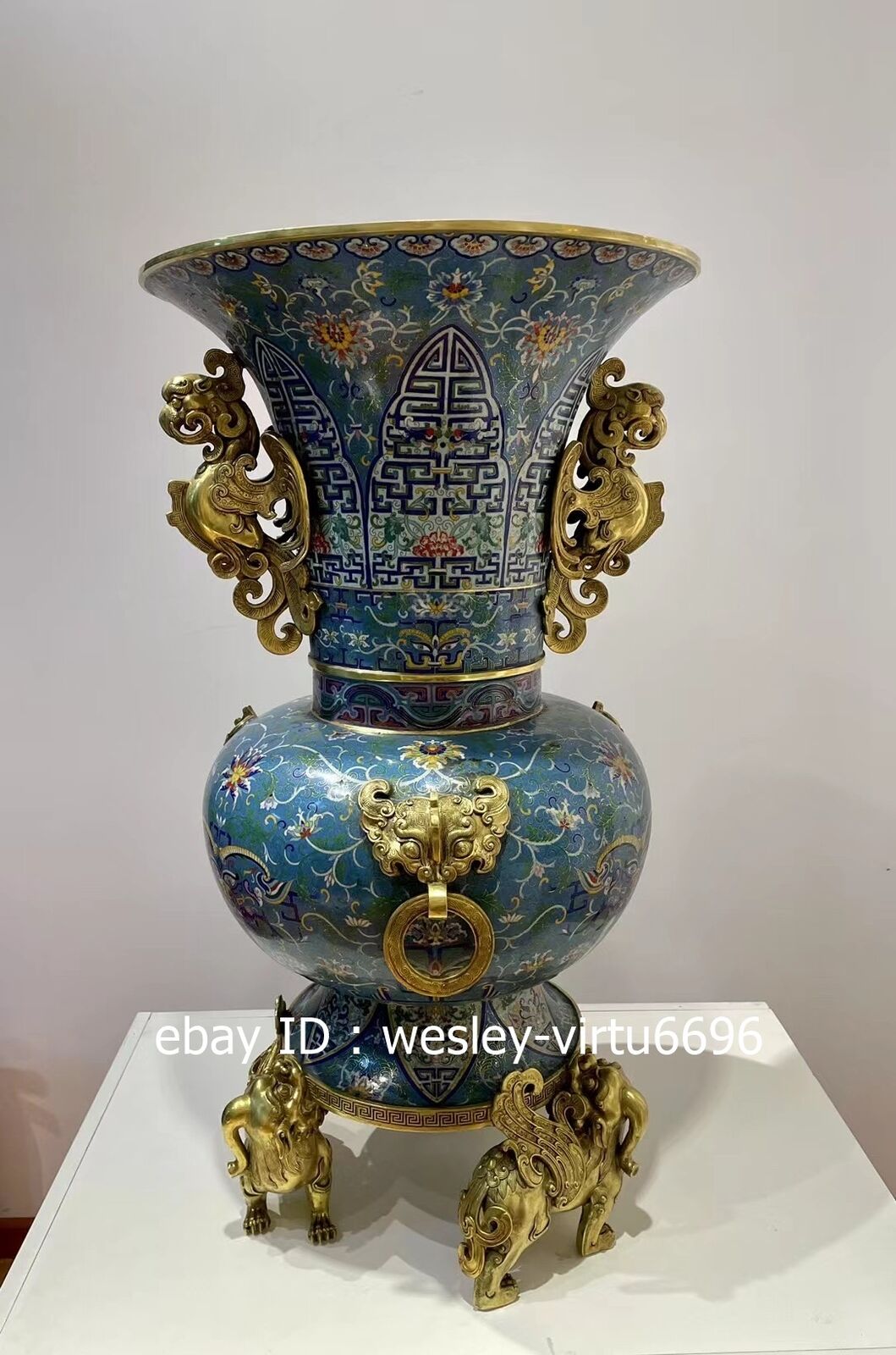 Palace Old Copper Cloisonne Enamel Gold Gilding Phoenix Ear Beast Cup Pot Vase A