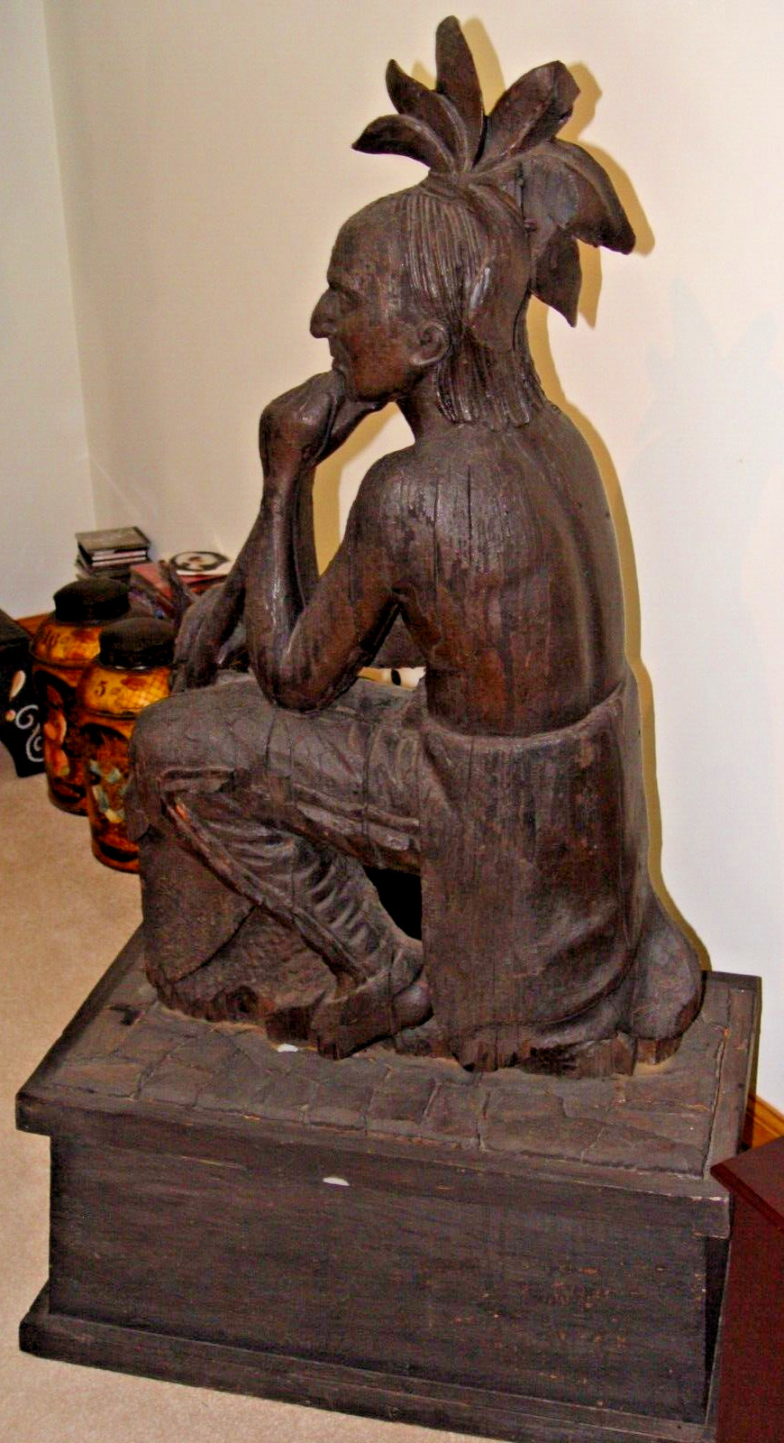 ANTIQUE CA. 1870 CIGAR STORE INDIAN TRADE SIGN DISPLAY FIGURE, RARE SITTING FORM ANTIQUE CA. 1870 CIGAR STORE INDIAN TRADE SIGN DISPLAY FIGURE, RARE SITTING FORM