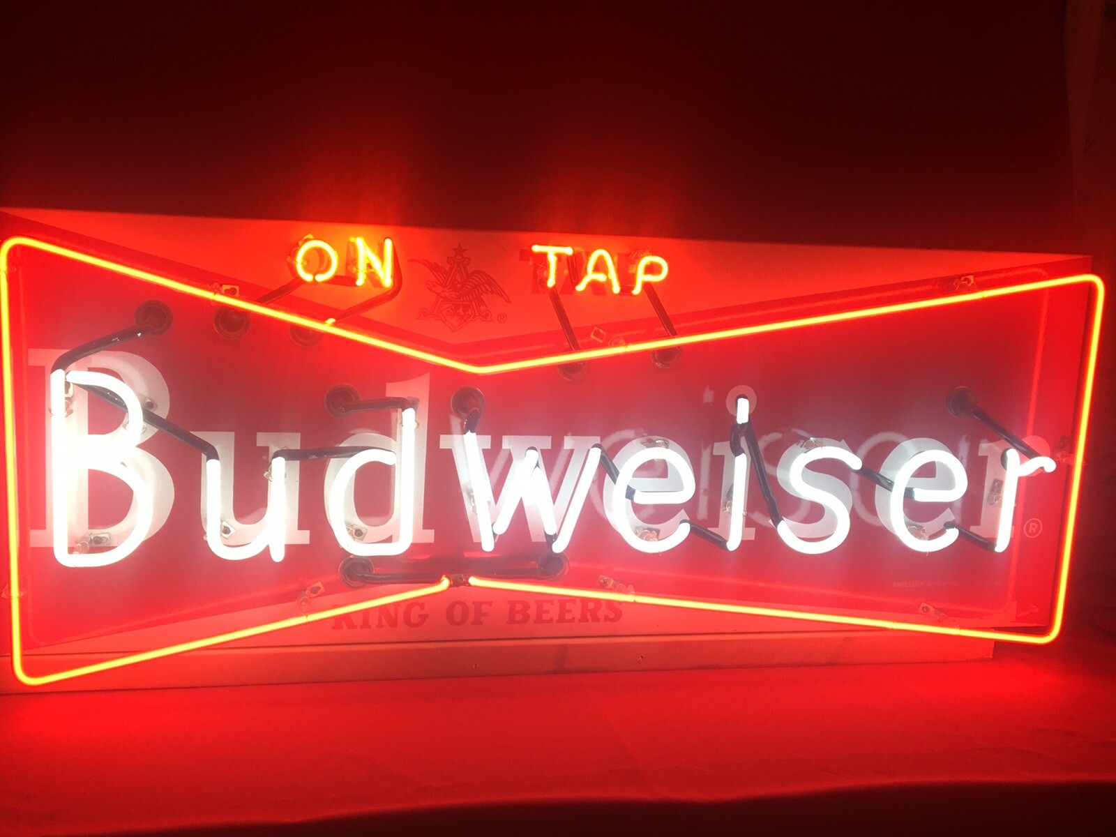 Vintage Budweiser On Tap beer neon sign porcelain enamel 48” X 18” bow tie Vintage Budweiser On Tap beer neon sign porcelain enamel 48” X 18” bow tie