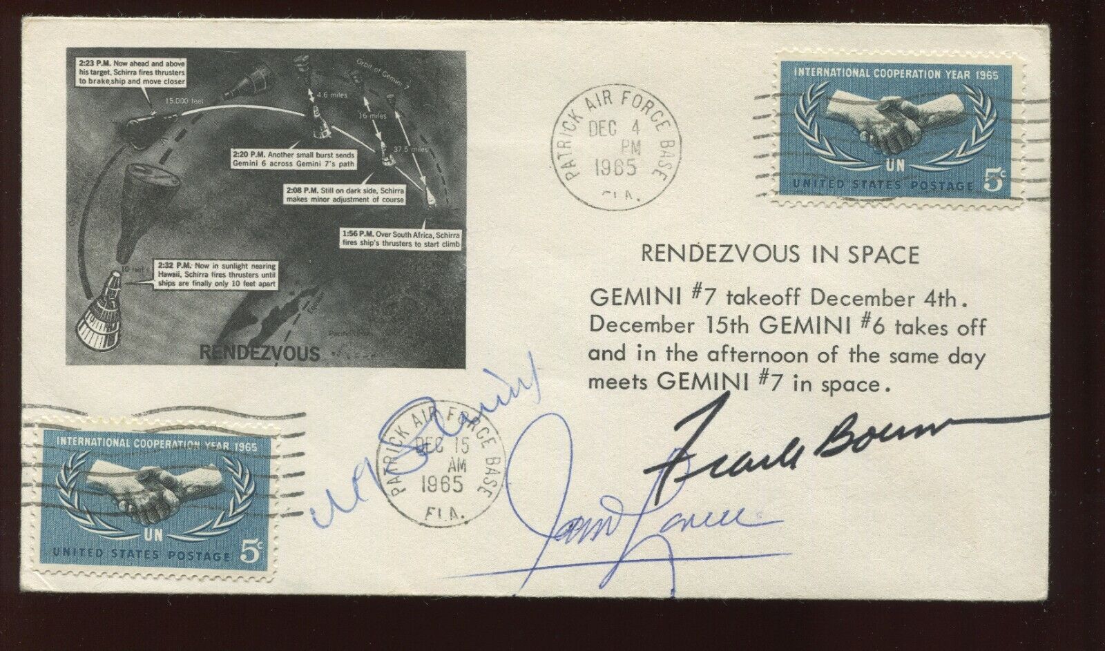 NASA ASTRONAUTS BORMAN, LOVELL & SCHIRRA SIGNED 1965 GEMINI 6/7 RENDEZVOUS COVER