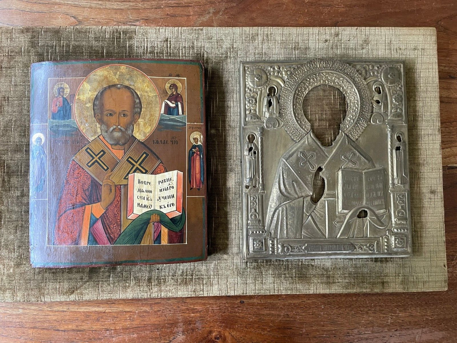 ANTIQUE  1850 HAND PAINTED RUSSIAN ICON OF ST.NICHOLAS with gilded  Oklad / Riza