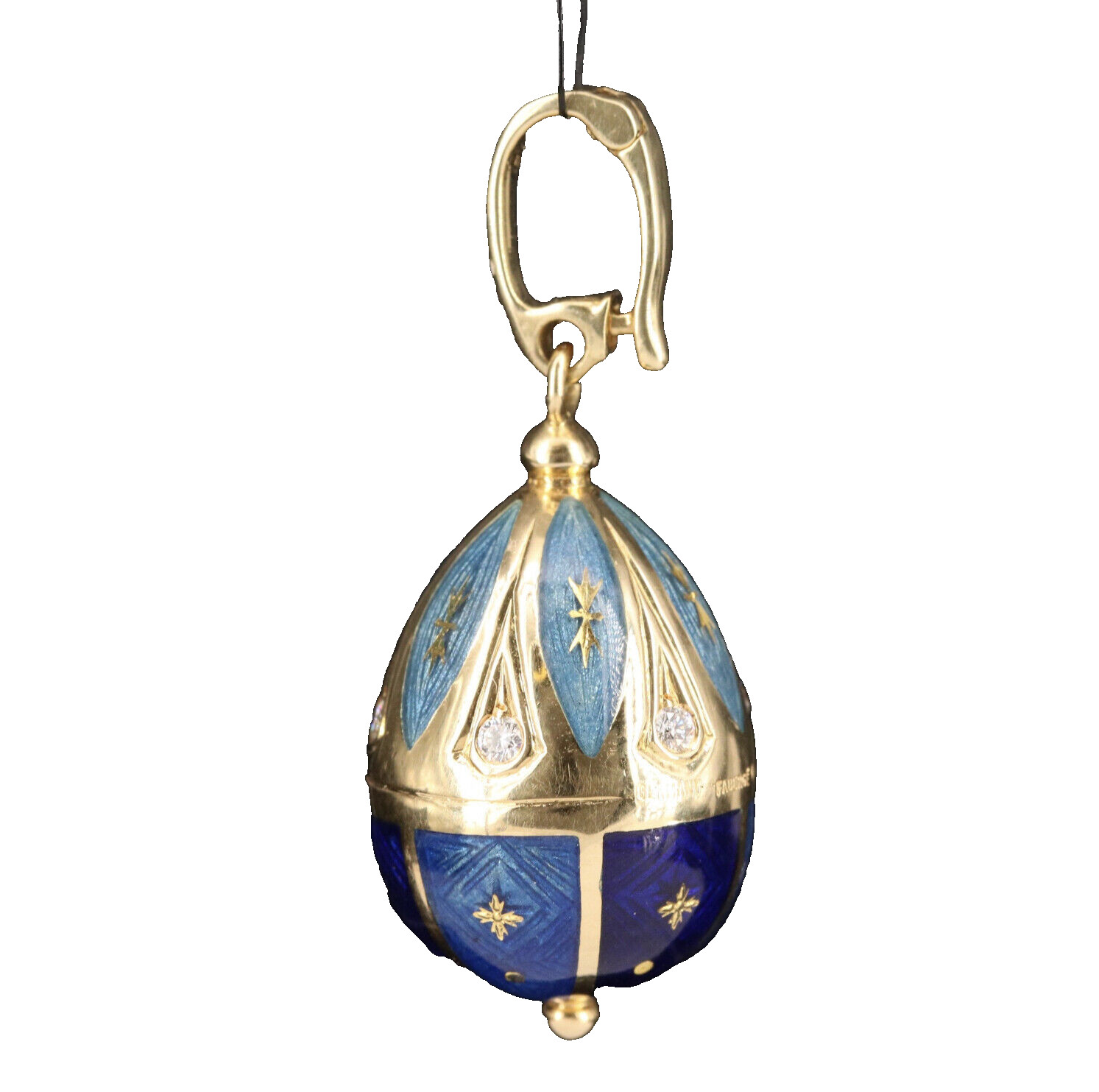 FABERGE Egg Three Shades of Blue Enamel Guilloche Diamond Pendant Signed 152/300