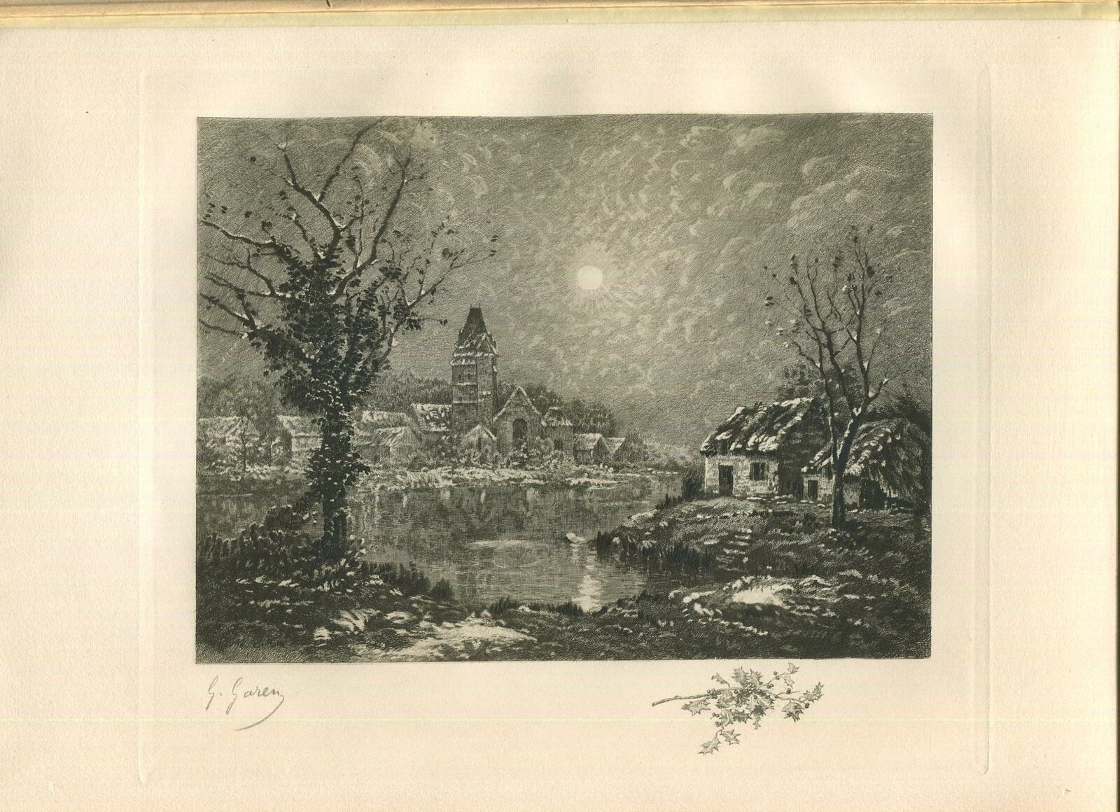 ANTIQUE VICTORIAN CHRISTMAS EVE SNOW NIGHT EURE RIVER VILLAGE P/S ETCHING PRINT