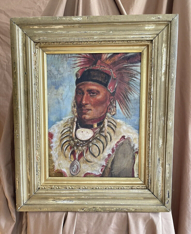 Rare Antique George Catlin Western Painting Native American Chief White Cloud