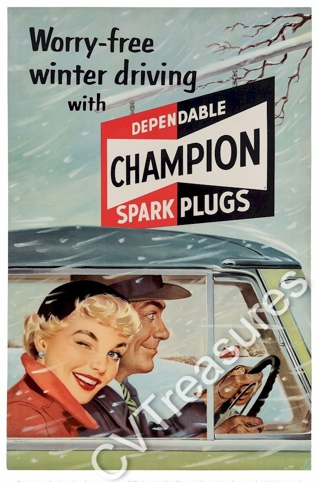 Vintage Auto Advertising Poster Champion Spark Plugs Classic Car Poster Art 1950