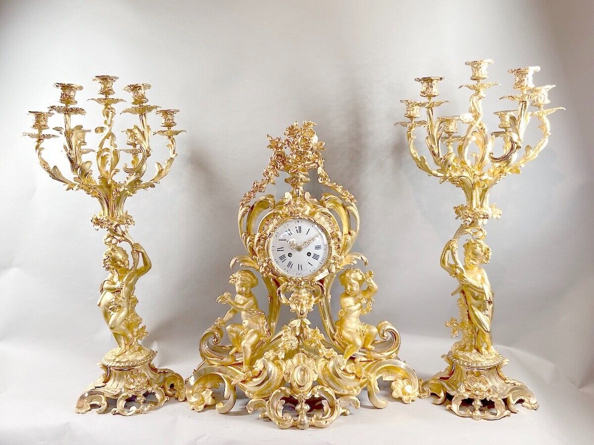 1840\'s French Louis XV Antique Clock Set of Bronze With Original Gold Leaf...
