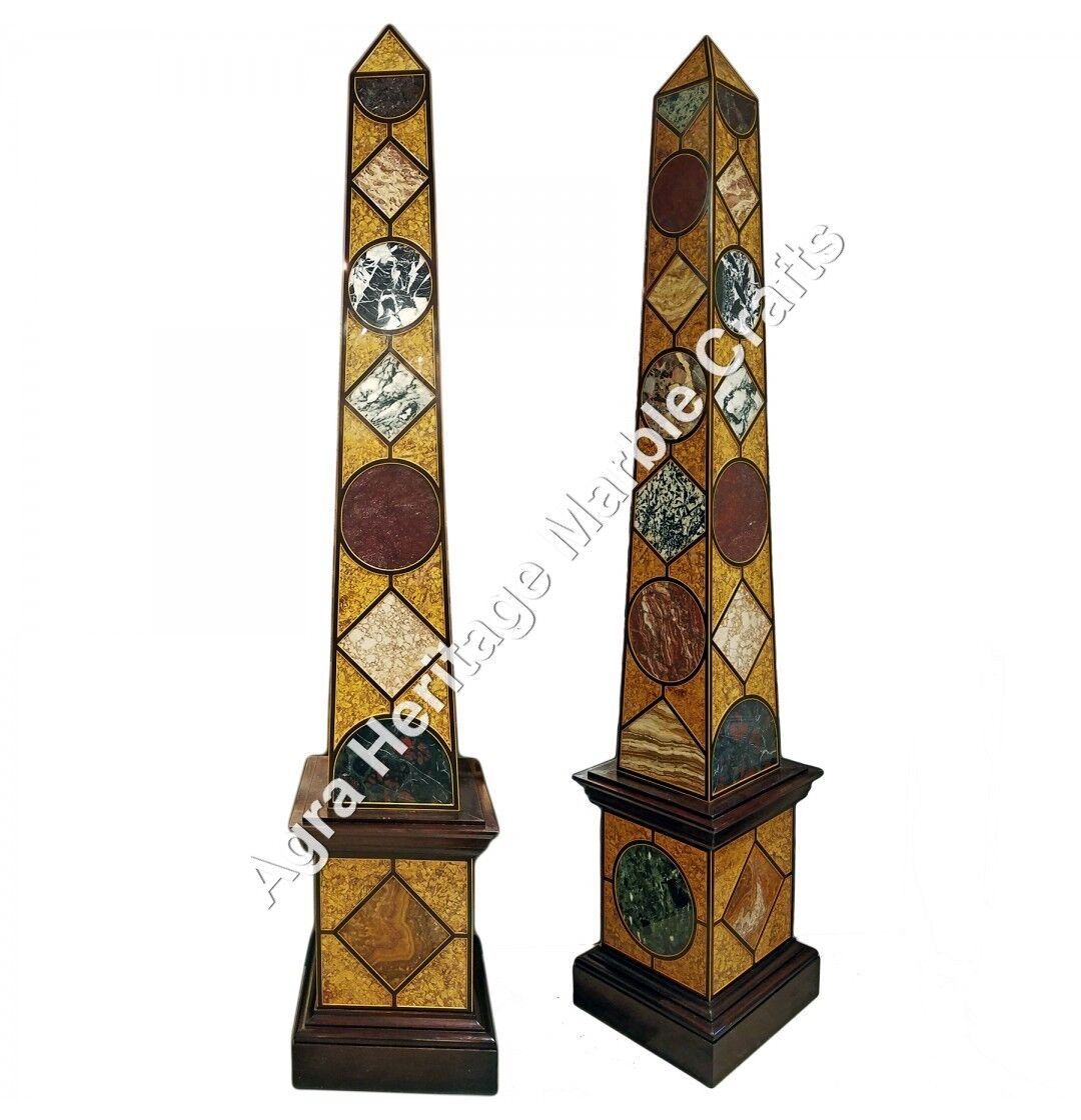 8.5' Pair of Black Stone Marble Obelisks Specimen Italian Pietre Dure Arts E521