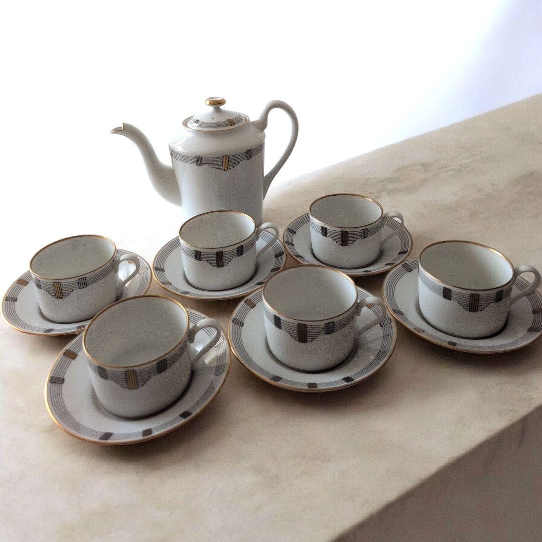 Unused Christian Dior Godron Tea Pot Cup Saucer Set 6 Pieces Classic White Gold Unused Christian Dior Godron Tea Pot Cup Saucer Set 6 Pieces Classic White Gold